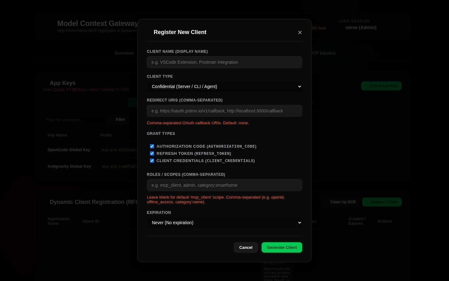 Registered OAuth Client Modal